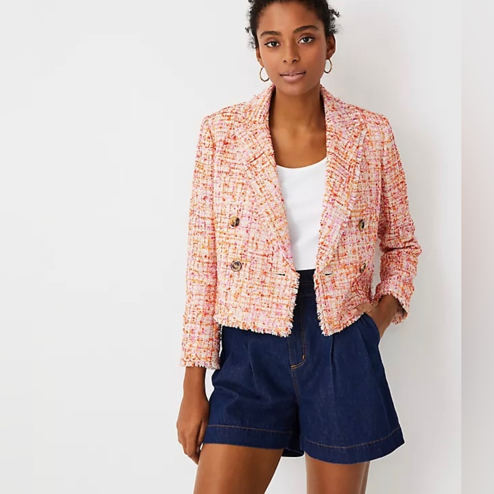 Ann Taylor fringe Tweed double breasted crop blazer jacket sz 16